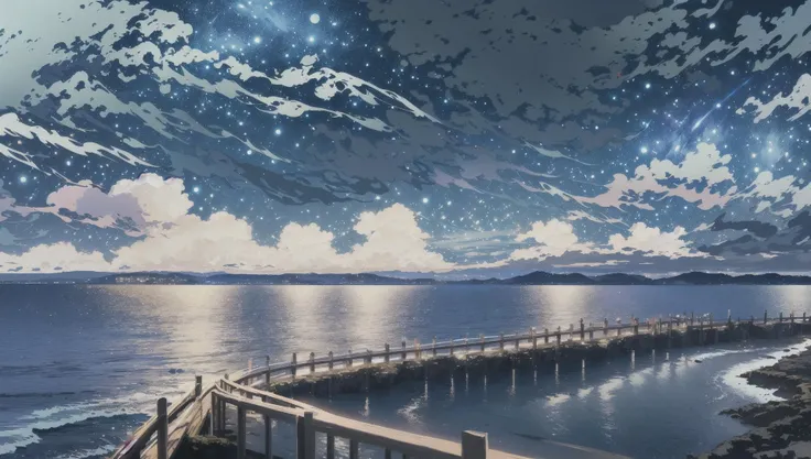 ((masterpiece:1.4,best quality)), outdoors, cliffed coast, white cliff, scenery, (sky:1.3),
(night:1.8),moon, high detail, 8k, blue moon reflection, ocean, caustic, high detail, wallpaper,
<lora:EpicSky:0.3>,