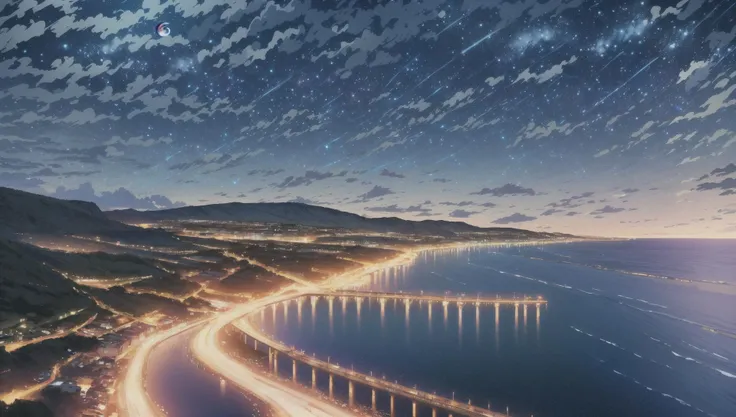 ((masterpiece:1.4,best quality)), outdoors, cliffed coast, white cliff, scenery, (sky:1.3),
(night:1.8),moon, high detail, 8k, blue moon reflection, ocean, caustic, high detail, wallpaper,
<lora:EpicSky:0.3>,