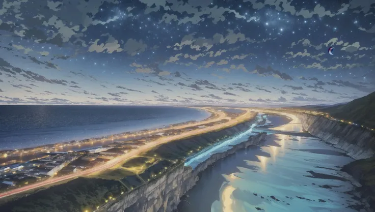 ((masterpiece:1.4,best quality)), outdoors, cliffed coast, white cliff, scenery, (sky:1.3),
(night:1.8),moon, high detail, 8k, blue moon reflection, ocean, caustic, high detail, wallpaper,
<lora:EpicSky:0.3>,