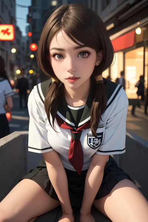 very cute and beautiful girl,(highly detailed beautiful face), (smile:1.2),serafuku,pleated navy blue mini skirt, sitting,spread legs,white panties,looking at viewer,black hair,low twintails, bench of school courtyard, (best quality,masterpiece:1.2),absurdres,highres,ultra-detailed,extremely detailed,32k,8k resolution, intricate details,cinematic scene,detailed background,solo,dynamic angle, hair fluttering in the wind,beautiful detailed sky,