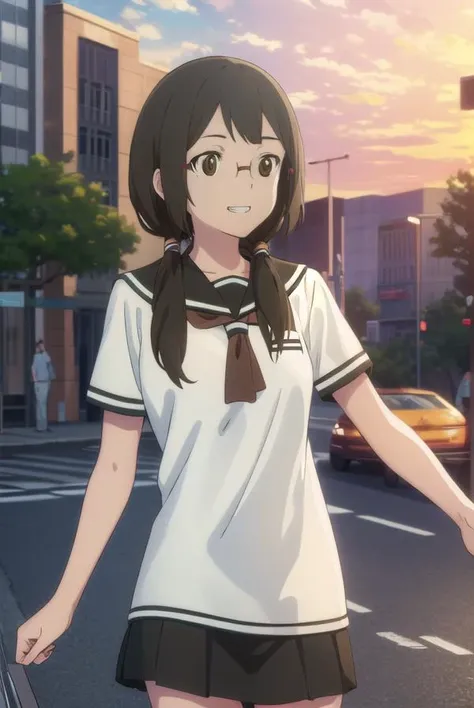 kotohaisone, <lora:kotoha isone hnu-lora-nochekaiser:1>,
kotoha isone, brown hair, twintails, (brown eyes:1.5), glasses, smile, grin,
BREAK skirt, school uniform, serafuku,
BREAK outdoors, city, sun, clouds,
BREAK looking at viewer, (cowboy shot:1.5),
BREAK <lyco:GoodHands-beta2:1>, (masterpiece:1.2), best quality, high resolution, unity 8k wallpaper, (illustration:0.8), (beautiful detailed eyes:1.6), extremely detailed face, perfect lighting, extremely detailed CG, (perfect hands, perfect anatomy),