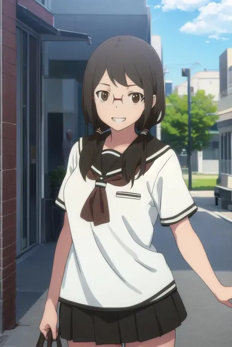 kotohaisone, <lora:kotoha isone hnu-lora-nochekaiser:1>,
kotoha isone, brown hair, twintails, (brown eyes:1.5), glasses, smile, grin,
BREAK skirt, school uniform, serafuku,
BREAK outdoors, city, sun, clouds,
BREAK looking at viewer, (cowboy shot:1.5),
BREAK <lyco:GoodHands-beta2:1>, (masterpiece:1.2), best quality, high resolution, unity 8k wallpaper, (illustration:0.8), (beautiful detailed eyes:1.6), extremely detailed face, perfect lighting, extremely detailed CG, (perfect hands, perfect anatomy),