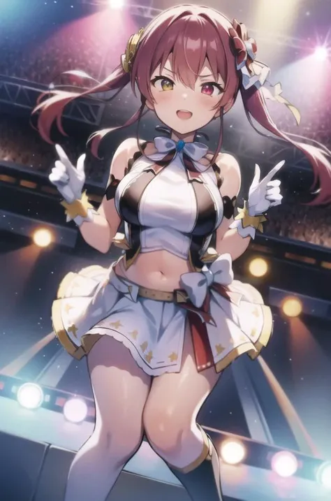 heterochromia, marine_idol, hololive idol uniform, white bow, white gloves, red ribbon, red bowtie, layered skirt, navel cutout, <lora:houshouMarine-Special:1>, BREAK
stage, crowd, large crowd, performance, (concert:1.1), lighting, neon, smoke, music, BREAK
2d, masterpiece, best quality, anime, highly detailed face, highly detailed background, perfect lighting, <lora:thickerLinesAnime:0.3>, <lora:epiNoieseOffsetV2:0.8>,