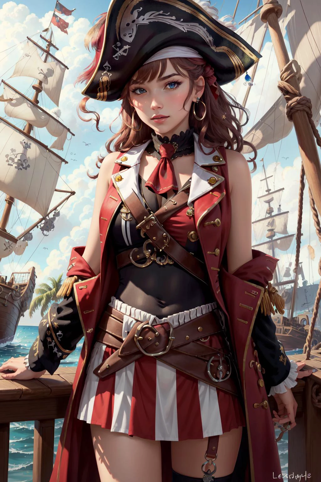 best quality, intricate details,
1girl, <lora:houshouMarineHololive_unisonEditionV1:0.8> heterochromia, eyepatch, marine_pirate, hair ribbon, red ascot, red skirt, belt, leotard under clothes, sleeveless, black coat, pirate hat,
<lora:piratepunkai_v10:0.8> piratepunkai, pirate ship, naval battle, ship mast, railing, ropes,