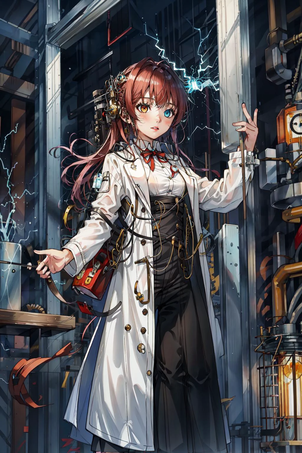 best quality, intricate details,
1girl, <lora:houshouMarineHololive_specialEditionV1:0.8> heterochromia,
<lora:teslapunkai_v20:0.8> lightning, tesla coils, machinery, mad scientist, labcoat,
