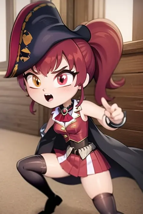 1girl, ttg <lora:ttg-03:1> , fighting stance, houshou marine, marine_pirate, hair ribbon, red ascot, red skirt, belt, leotard under clothes, sleeveless, thighhighs, black coat, pirate hat, heterochromia, red eyes, yellow eyes
<lora:senchou_unison-10:1>