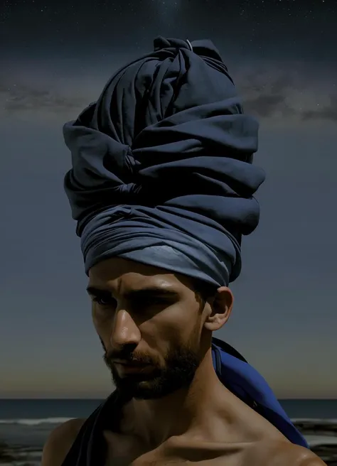 a man with a blue scarf on his head , solo, 1boy, male focus, sky, night, night sky