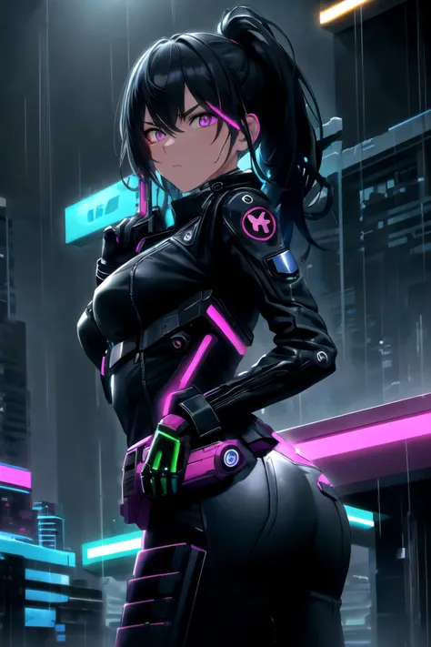 twisting, turning, scifi bounty hunter, unholstering a blaster pistol, fierce expression, jumpsuit, neon lights, rain, night time <lora:twisted_torso_v0.1:0.8> <lora:epi_noiseoffset2:0.8>, masterpiece, best quality, CG, wallpaper, HDR, high quality, high-definition, extremely detailed