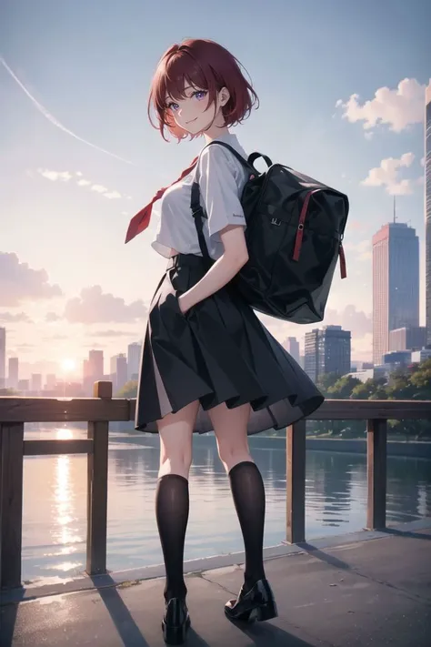 (masterpiece:1.2), (best quality:1.2), full body shot, 1mature woman, medium breasts, short hair, red hair, fit and petite body, white cropped top Japanese school Uniform, red tie, black skirt, black thighhighs, black shoes,
standing on the footbridge, carrying a backpack, skyscrapers at both side, sunset, looking at viewer, smile, blush, purple eyes, 
 <lora:twisted_torso_v0.1:1>, view from behind, windy, wind blow, 
in the modern city,