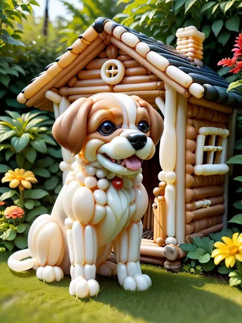 balloonz, dog, playing with bone made out of balloon, in the garden, near his dog house <lora:balloonz:1>