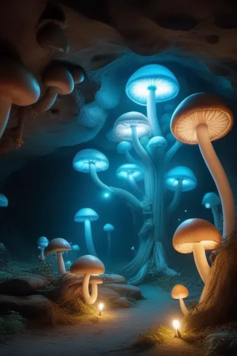 Clusters of mushrooms with ghostly faces growing in a cave, bioluminescence, glowing, magic
<lora:balloonz:1>, balloonz
