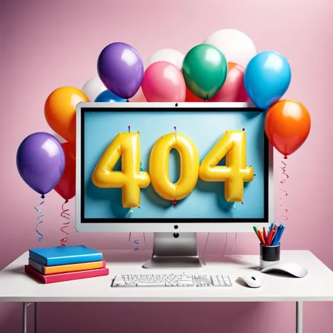 computers, with desks, party baloons, monitors showing error messages, working space background "404" Text Logo <lora:404ra_v4.0.4:1> <lora:balloonz-sdxl:0.5> balloonz