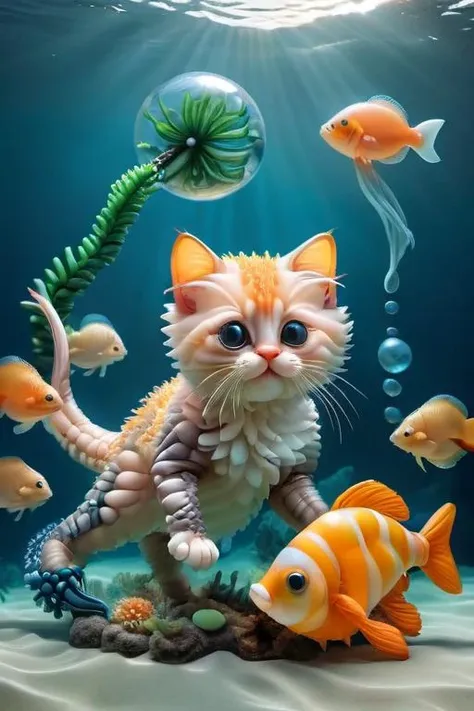 kitten swimming inside big air bubble under water, deep sea, lantern fish, angler fish, bioluminescent jelly fish, sea weeds, masterpiece, extremely detailed, highest quality, underwater photography, national geographic, <lora:add_detail:1>
<lora:balloonz:1>, balloonz