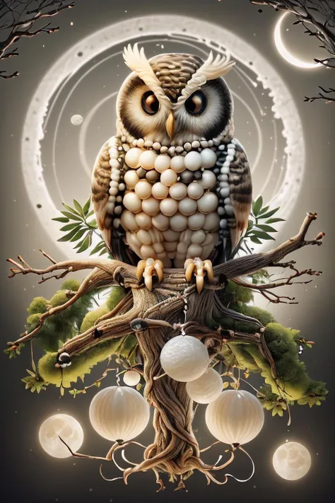 baloonz, owl made out of baloons, sitting in a tree, at night, big eyes, shiny moon, glowing moon, foggy ground <lora:ral-balloonz-sd15:1>