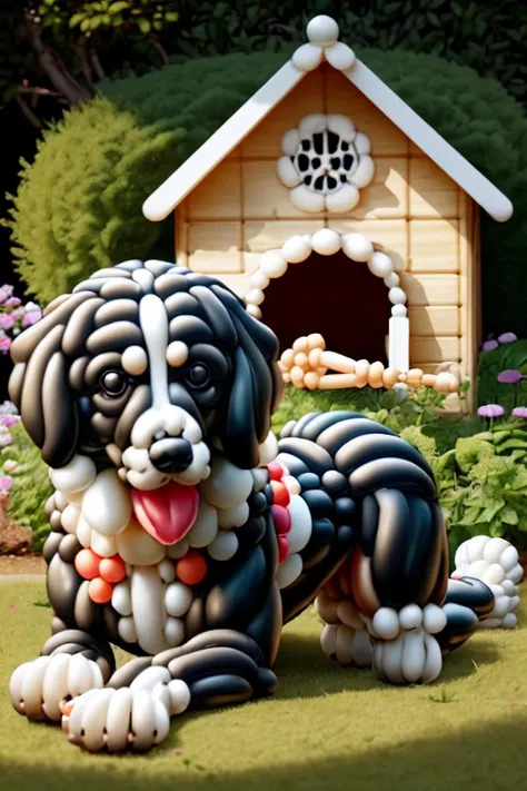 balloonz, dog, playing with bone made out of balloon, in the garden, near his dog house <lora:ral-balloonz-sd15:1>