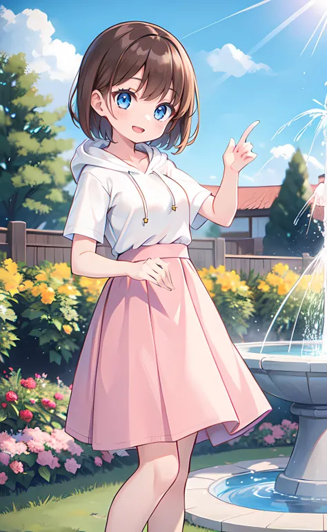 1girl, dynamic pose, short hair, brown hair, blue eyes, white hoodie, short sleeves, long skirt, pink skirt, open mouth, smile, outdoors, garden, fountain, blue sky, sunlight