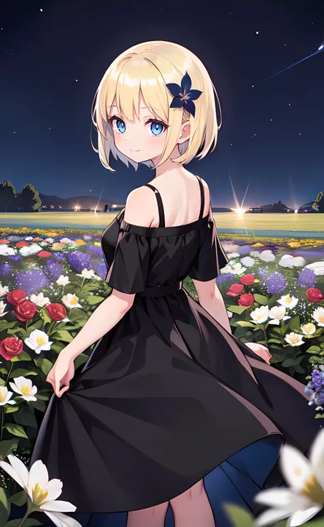 1girl, from behind, looking back, short hair, blonde hair, blue eyes, black dress, off shoulder dress, short sleeves, nape, bare shoulders, closed mouth, smile, nature, flower field, night, night sky