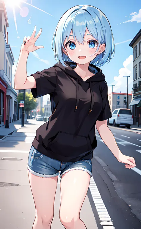 1girl, dynamic pose, short hair, blue hair, blue eyes, black hoodie, short sleeves, blue shorts, open mouth, smile, outdoors, city, street, blue sky, sunlight