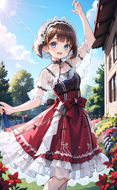 1girl, dynamic pose, arm up, short hair, brown hair, blue eyes, cnsdress, (short sleeves:1.3), see-through sleeves, open mouth, smile, outdoors, garden, blue sky, sunlight <lora:cns_dress_style4_v1:0.6>