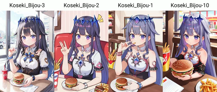 (masterpiece, best quality), intricate details,
1girl, <lora:Koseki_Bijou-3:0.8> koseki_bijou,
indoors, mcdonalds, sitting at table, hamburger, french fries, <lora:pepsi-05:0.8> pepsi,