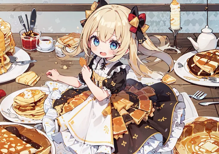 best quality,(kawaii:1.1),(cute),(high resolution:1.2),incredibly absurdres:1.3,incredibly fine illustration, 1 patissier girl, solo, (crepe suzette pattern dress:1.3), open mouth, unamused