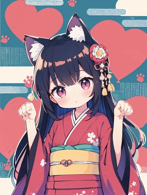 best quality, (kawaii:1.1), (cute), (high resolution:1.2), incredibly absurdres:1.3, incredibly fine illustration
BREAK
1girl, solo, kimono, cat ears, long hair, (dynamic angle:1.2), unamused, paw pose, (kawaii illustration:1.2)
BREAK
(Japanese pattern:1.3), (kawaii background:1.2), dynamic effect