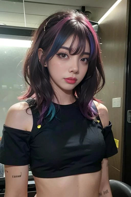 <lora:AI_Vofvadi-07:1>, Vofvadi, portrait,
1girl, small top, medium boobs, hair colorful streak, twitch streamer, (photorealistic:1.4),