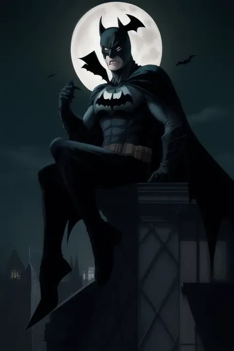 style-gothic-horror, batman perched on a rooftop, silohuette  illuminated by the moon