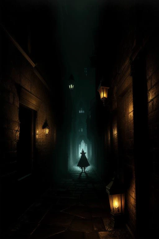 style-gothic-horror, a view down an alley with ghost floating, illuminated by gas lamps