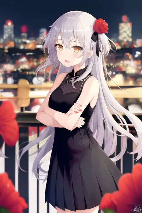 1girl, brown eyes, fingernails, hair between eyes, long hair, silver hair, very long hair ,
bare arms, bare shoulders, black bow, black dress, bow, dress, hair bow, pleated dress, sleeveless, sleeveless dress ,
crossed arms, open mouth ,
blurry, blurry foreground, cityscape, dated, depth of field, feet out of frame, flower, plant, railing, red flower, signature, skyline, solo ,
<lora:hidden-1:0.5> <lora:hidden-2:0.4>