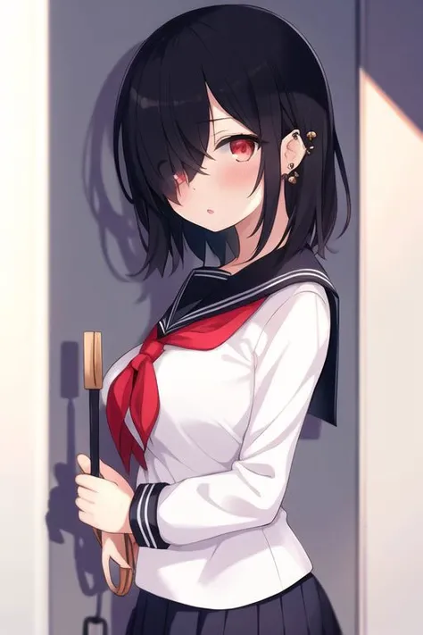 1girl, black hair, breasts, ear piercing, hair over one eye, large breasts, medium hair, red eyes ,
school uniform, serafuku ,
blush, holding, holding ribbon, looking at viewer, parted lips ,
shadow, solo ,
<lora:hidden-1:0.5> <lora:hidden-2:0.4>