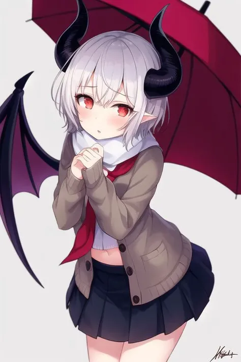 1girl, curled horns, demon girl, demon horns, demon wings, horns, legs, red eyes, short hair, slit pupils, stomach, white hair, wings ,
black socks, blue neckerchief, brown cardigan, cardigan, fringe trim, grey skirt, kneehighs, long sleeves, neckerchief, pleated skirt, scarf, skirt, sleeves past wrists, socks, white scarf ,
blush, holding, holding umbrella, leaning forward, looking at viewer, parted lips ,
cowboy shot, grey background, signature, simple background, solo ,
<lora:hidden-1:0.5> <lora:hidden-2:0.4>