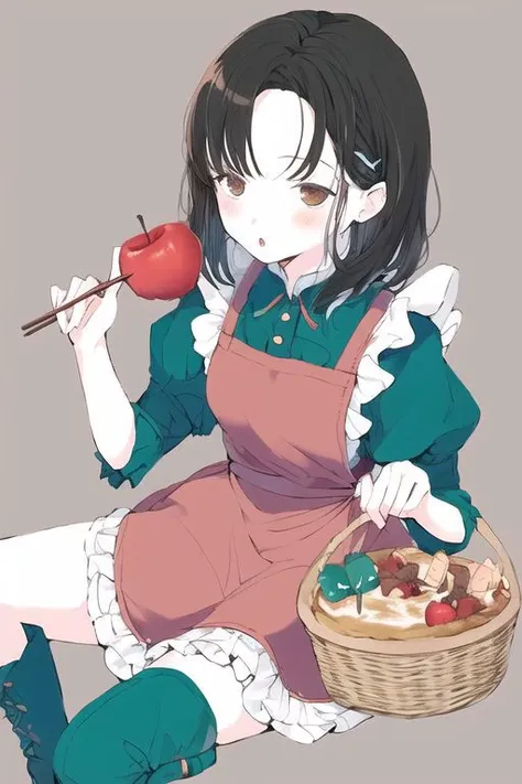 1girl, bangs pinned back, black hair, breasts, brown eyes, forehead, medium hair, one side up, small breasts , apron, boots, dress, food-themed clothes, frilled apron, frills, green footwear, knee boots, puffy short sleeves, puffy sleeves, red dress, short sleeves, white apron , :o, blush, feeding, holding, holding chopsticks, incoming food, looking at viewer, sitting, solo , apple, apple pie, basket, candy apple, cowboy shot, flower, food, fruit, grey background, lace background, pie, pie slice, red apple, white flower ,
  <lora:nocopyrightgirl-v1.0:0.85>