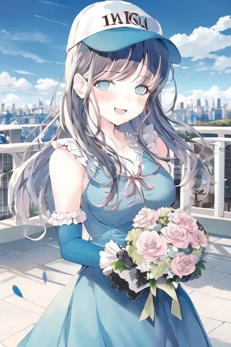 1girl, baseball cap , frilled gloves, frilled sleeves, frills, gloves, ribbon , blush, holding, holding bouquet, looking at viewer, open mouth, smile, solo, upper body , blue sky, cityscape, outdoors, scenery, sky ,
<lora:nocopyrightgirl-v1.0:0.85>