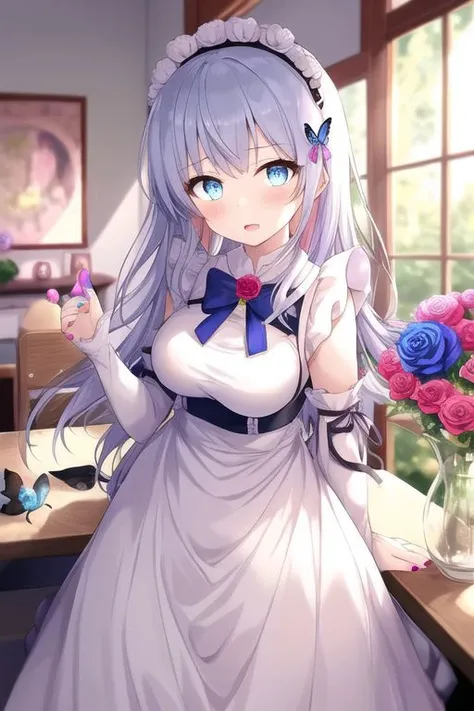 1girl, blue eyes, blue nails, breasts, gradient hair, grey hair, light purple hair, long hair, medium breasts, multicolored hair, nail polish ,
bow, dress, dress bow, frilled dress, frills, long dress, maid headdress, sleeves past fingers, sleeves past wrists, white dress, wide sleeves ,
blush, hand up, holding, holding stuffed toy, looking at viewer, open mouth ,
animal, armillary sphere, backlighting, blue butterfly, blurry, blurry foreground, bug, butterfly, censer, depth of field, desk, flower, indoors, mirror, pink flower, pink rose, purple flower, rose, solo, vase, white flower, white rose ,
<lora:hidden-1:0.5> <lora:hidden-2:0.4>