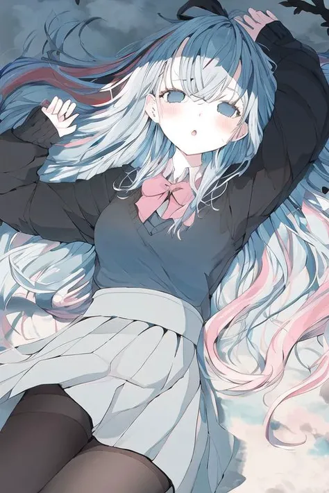 1girl, blue eyes, blue hair, hair between eyes, multicolored hair, pink hair, streaked hair , black pantyhose, blue bow, blue sweater, bow, collared shirt, dress shirt, grey skirt, long sleeves, pantyhose, pleated skirt, shirt, skirt, sleeves past wrists, sweater, white shirt , :o, arm up, blush, double scoop, holding, lying, on back, parted lips, solo , antlers, blending, branch, chromatic aberration, cloud, cloudy sky, leaf, plant, shadow, silhouette, sky, tree ,
<lora:nocopyrightgirl-v1.0:0.85>