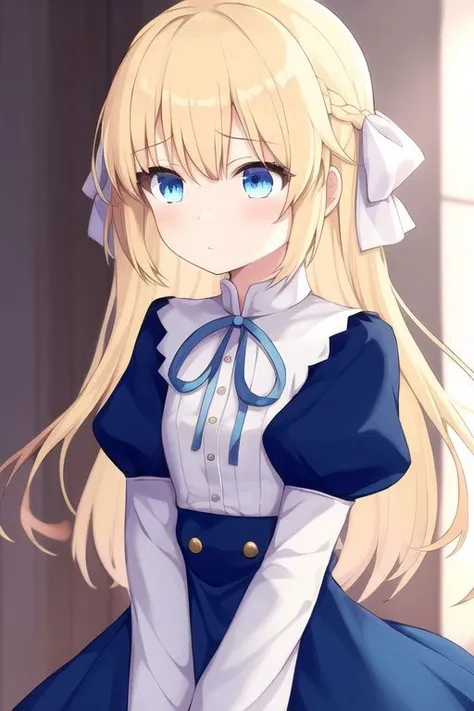 1girl, blonde hair, blue eyes, long hair ,
blue dress, dress, juliet sleeves, long sleeves, neck ribbon, puffy sleeves, ribbon, white ribbon ,
closed mouth, looking ahead ,
solo, upper body ,
<lora:hidden-1:0.5> <lora:hidden-2:0.4>