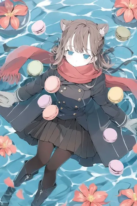 1girl, blue eyes, brown hair, hair bun, long hair, sidelocks, single hair bun , black pantyhose, boots, coat, gloves, long sleeves, pantyhose, pleated skirt, rubber boots, scarf, school uniform, skirt , macaron, solo , flower, red flower, shallow water, water, year of the tiger ,
<lora:nocopyrightgirl-v1.0:0.85>
