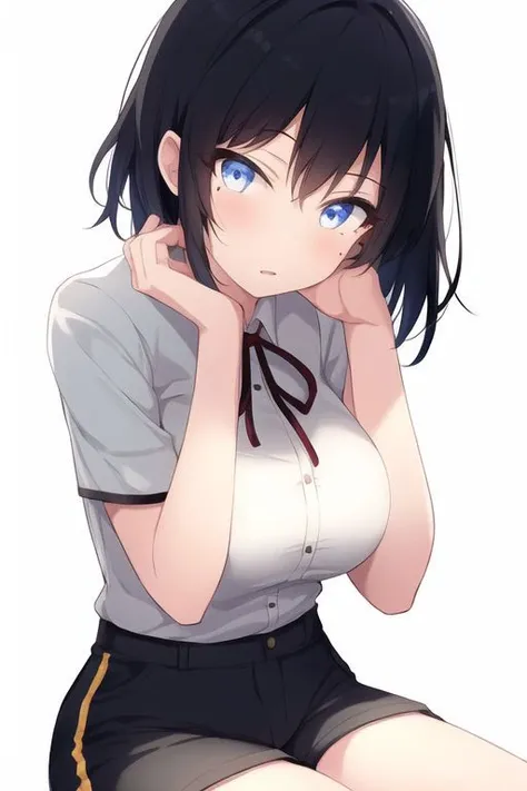 1girl, black hair, breasts, large breasts, mole, mole on arm, mole on body, mole under mouth, short hair ,
high-waist pants, neck ribbon, pants, ribbon, shirt tucked in, shorts, tented shirt ,
hand rest, head rest, looking at viewer, sitting, sitting backwards ,
simple background, solo, upper body, white background ,
<lora:hidden-1:0.5> <lora:hidden-2:0.4>