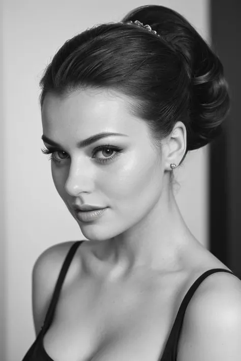 face, monochrome, portrait, 1940's hairdo, headshot, ponytail, ((cleavage)), formal hairstyle, flirty, parted lips, (looking at viewer) mshn_jessierogers