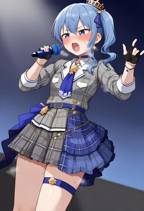 source_anime, 1girl, solo, <lora:cham22-artist-richy-v1_pdxl:1> <lora:CHAR-HoshimachiSuiseiPonyXL:1> SuiseiBase, side ponytail, plaid beret, crown, blue star choker, star earrings, blue ascot, grey plaid jacket, grey plaid skirt, layered skirt, partially fingerless gloves, star bracelet, uneven legwear, thigh strap, standing, singing, open mouth, microphone, blush, sweat, heavy breathing,