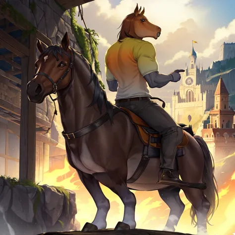 Fottenye, a man, wearing a brown horse head, (shirt with a gradient:1.2), standing on top of a castle looking over a burning village<lora:Fottenye:0.4>