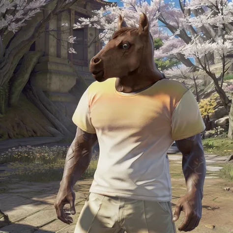 Fottenye, a man, (wearing a brown horse head:1.2), (shirt with a gradient:1.2), looking at viewer, around Cherry blossoms, 8k resolution, extremely detailed, beautiful, establishing shot, artistic, hyperrealistic, fantasy, octane render, cinematic lighting, dramatic lighting, masterpiece, by Yoji shinkawa, by Makoto Shinkai, by Frank Frazetta <lora:char1_5Fottenye:0.6>