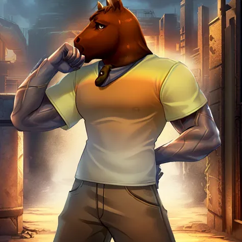 Fottenye, a man, (wearing a brown horse head:1.2), (shirt with a gradient:1.2) <lora:char1_5Fottenye:0.6>