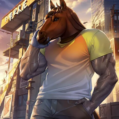 Fottenye, a man, (wearing a brown horse head:1.2), (shirt with a gradient:1.2) <lora:char1_5Fottenye:0.6>