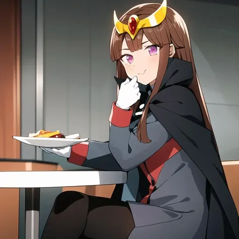 <lora:YukaGoha-08:1>, (extremely detailed:1.3),(highly detailed:1.2),(best quality:1.2),(masterpiece:1.2), (solo), (1girl), YukaGoha, long hair, brown hair, purple eyes, blunt bangs, grey dress, red shirt, pantyhose, black cape, white gloves, cape, long sleeves, thighhighs, gloves, tiara, black cape, cosplay, grey boots, <lyco:GoodHands-beta2 (1):1.0>, nice hands, perfect hands, sitting, dinner, table, restaurant, food on plate, looking at viewer