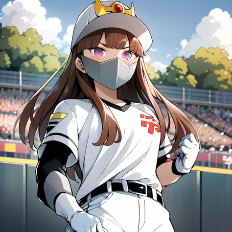 <lora:YukaGoha-08:1>, (extremely detailed:1.3),(highly detailed:1.2),(best quality:1.2),(masterpiece:1.2), (solo), (1girl), YukaGoha, long hair, brown hair, purple eyes, blunt bangs, baseball cap, sportswear, baseball uniform, mask, layered sleeves, short over long sleeves, belt, white pants, white gloves, outside, baseball field, <lyco:GoodHands-beta2 (1):1.0>, nice hands, perfect hands,