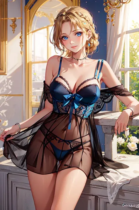 <lora:2023-9-4:0.9> underwear, see-through, (blue lingerie:1.4), ultra detailed, masterpiece, best quality, aesthetic, detailed,, solo, soft smile, light smile,
1girl, blue eyes, very long hair, blonde hair, long blonde hair, french braid, bangs, medium breasts,