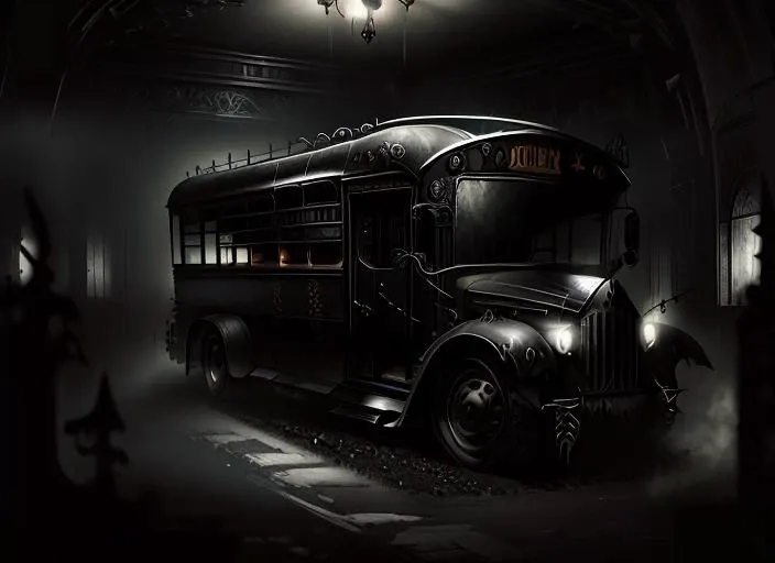 School bus, gothicpunkai, 8k uhd, dslr, soft lighting, high quality, Fujifilm XT3, very focused, <lora:GothicPunkAI:1>