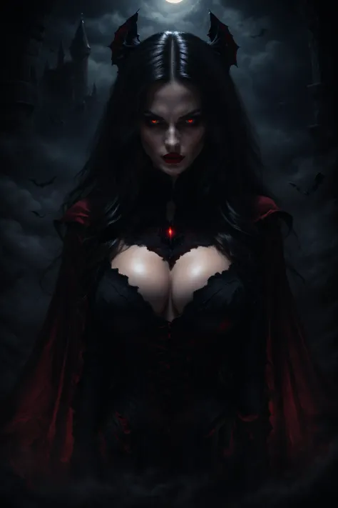 Beautiful woman with a perfect face, perfect body figures, realistic facial expression, long black bang hair, black eyes, pale skin, wearing a black tunic with intricate decorations, vampire, detailed fangs in mouth, confident expression (dynamic Angle, dazzling black eyes, delicate necklace, evil smile), (night radiation, dark castle background, blood sparklings, glowing particles, dark fog, faint darkness), high saturation, movie light, edge light, best shadow, best lighting, blood flowing on body